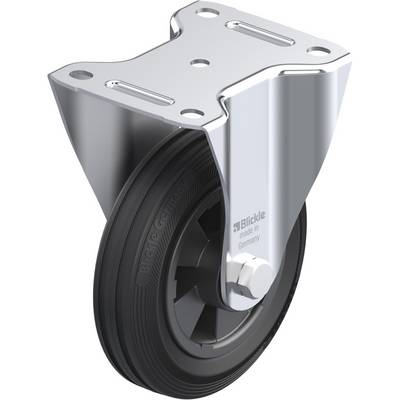 Metalen wielmodule met zwart wiel en bevestigingsplaat, geschikt voor industriële toepassingen. Opschrift: 'Blickle made in Germany'.