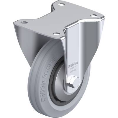 Metalen rol met zwart wiel, opschrift: 'Blickle, made in Germany', zilveren behuizing, geschikt voor industriële toepassingen.
