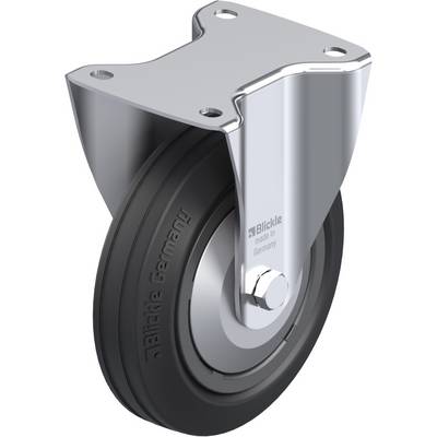 Zwenkwiel met zwart rubberenwiel en metalen bevestiging, geschikt voor transportapparatuur. Opschrift op het wiel: 'Blickle Germany'.