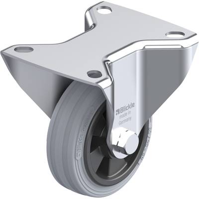 Metalen zwaar belastbare wiel met grijs loopvlak, gemarkeerd met 'Blickle made in Germany', geschikt voor bevestiging aan meubels of apparaten.