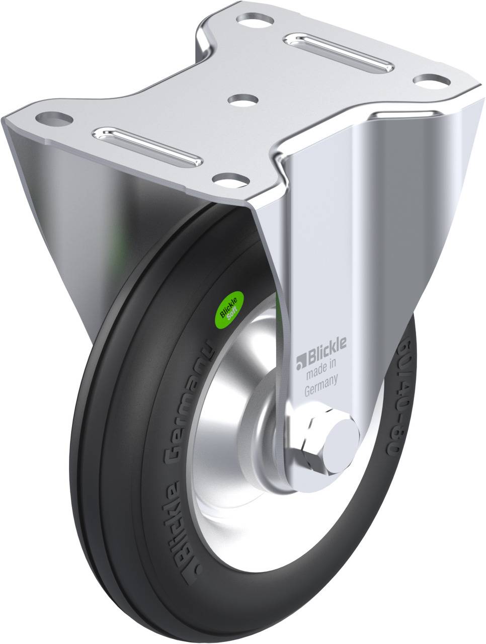 Metalen wiel met zwart rubberen loopvlak, bevestigd aan een zilveren montageplaat met vier gaten, merk 'Blickle, made in Germany'.