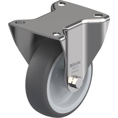 Metalen frame-rol met zwart rubberen wiel en zilveren bevestiging, met "Blickle made in Germany" gegraveerd erop.