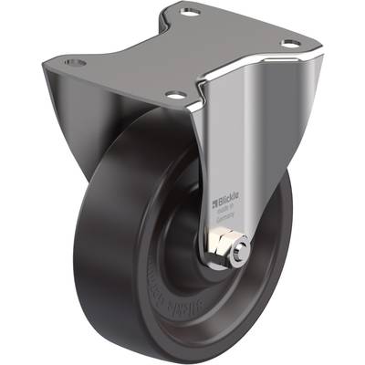 Industriële zwenkwiel met metalen behuizing en zwart kunststof wiel, geschikt voor zware lasten. Het wiel is stevig en duurzaam.