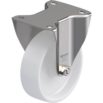 Afgebeeld is een witte looprol met metalen bevestiging, die vaak wordt gebruikt voor meubilair of apparaten. De bevestiging heeft vier bevestigingspunten.