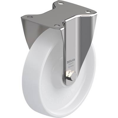 Een witte kunststof rol met zilveren metalen behuizing, gemarkeerd met 'Blickle made in Germany'.