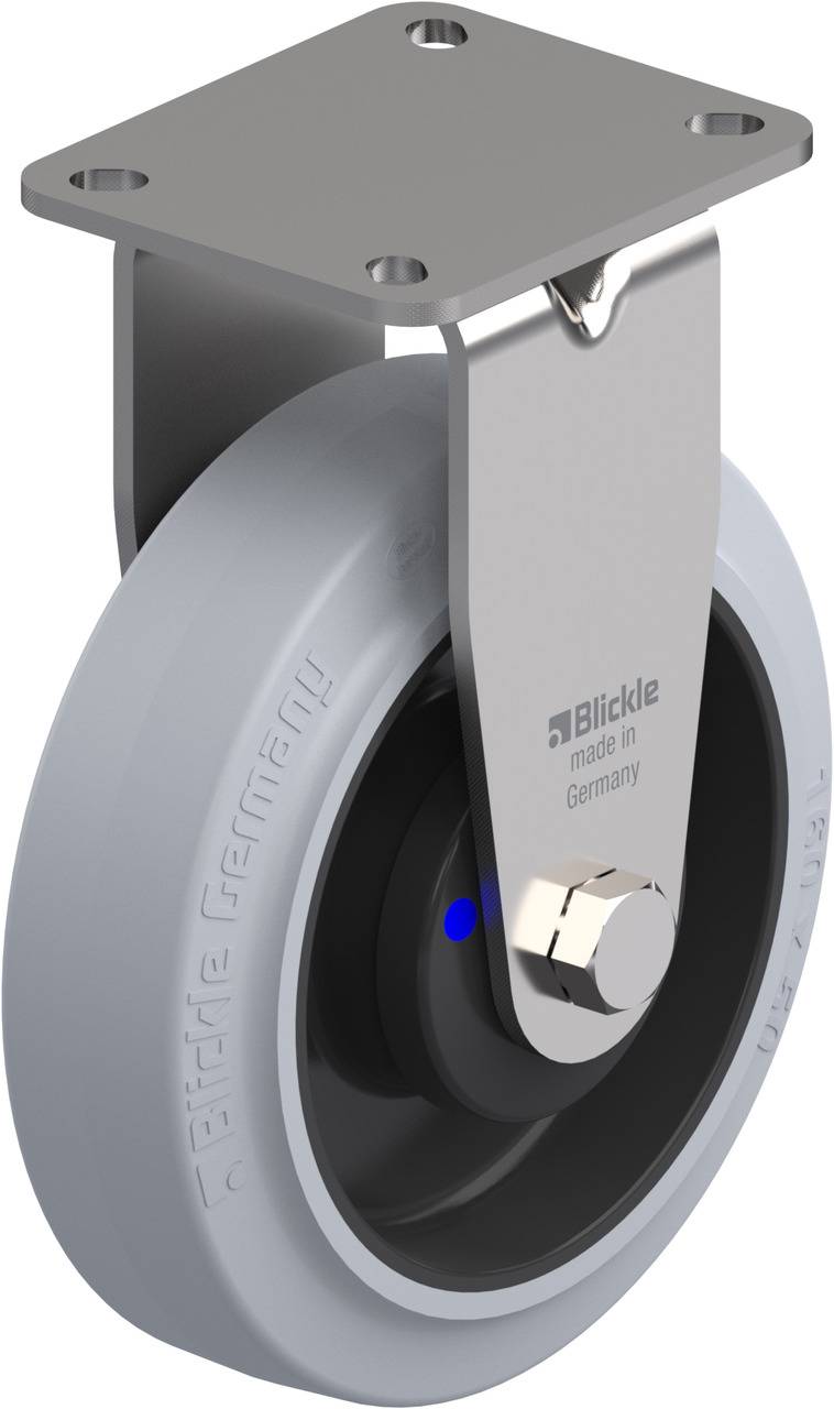 Grijs loopwiel van kunststof met metalen behuizing, fabrikantenlogo 'Blickle' en 'made in Germany' gravure op de bevestiging.