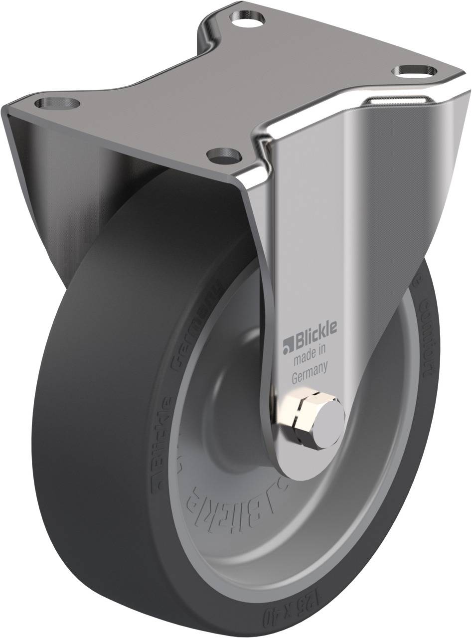 Grijze stuurwiel met een robuuste metalen behuizing, vermoedelijk vervaardigd voor industrieel gebruik, met het opschrift 'Blickle made in Germany'.