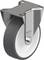 Metalen zwenkwiel met grijze rubberen loopvlak en een witte kunststofkern, geschikt voor gebruik aan meubilair of transportkarren.