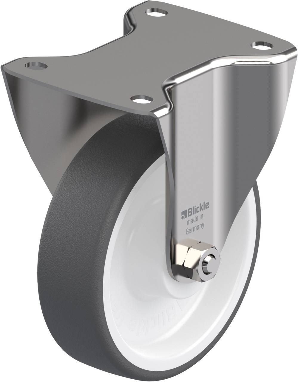 Metalen behuizing met draaibaar wiel, geschikt voor meubels of apparaten. Wiel is vervaardigd uit stevig kunststof met metalen lager.