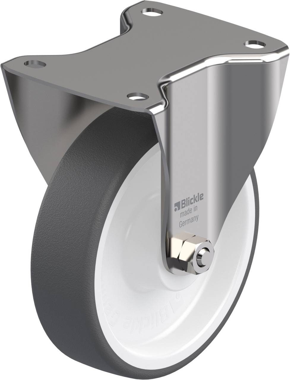 Een robuust stuurwielensysteem met grijs rubberen wiel en behuizing van zilver metaal, geschikt voor zware lasten en industriële toepassingen.