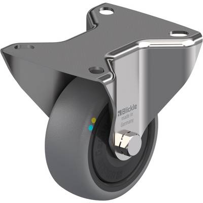 Metalen wiel met zwarte rubberen bekleding, gemonteerd in een stevig metalen behuizing. Markering 'Blickle made in Germany' zichtbaar.