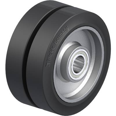 Een grijs wiel met een glanzende metalen kern, voorzien van de opdruk "Blickle Germany", toont technische precisie en functionaliteit.