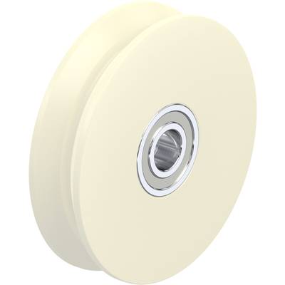 Een crèmekleurige rol met een zilveren kogellager in het midden, typisch voor toepassingen in machines of meubels.