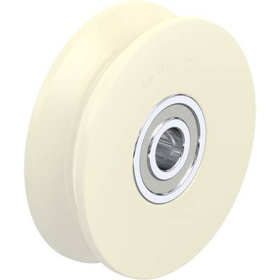 Crèmekleurige kunststof rol met geïntegreerd kogellager, zijdelingse groef en metalen binnenring. Geschikt voor loop- of geleidingsrollen.