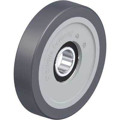Industriewiel met grijs rubber, een zilveren metalen kern en kogellager, geschikt voor machines of transportapparatuur.
