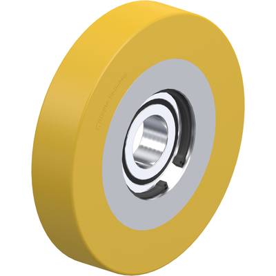 Een geel wiel met metalen lager en binnenring, vaak gebruikt bij machines en transportapparatuur.