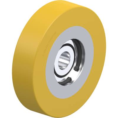 'Geel kunststof wiel met een zilveren metalen kern, gebruikt in technische toepassingen.'