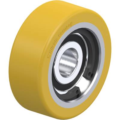 Geel industrieel rollager met metalen kern, geschikt voor machinedelen.
