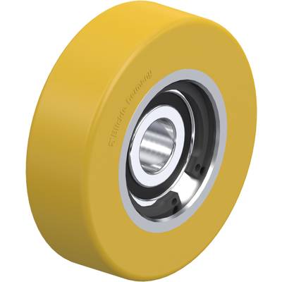 'Geel wiel met centrale metalen lagering, geschikt voor apparaat- of machinemontage, gedetailleerd zicht op het binnenste lager.'