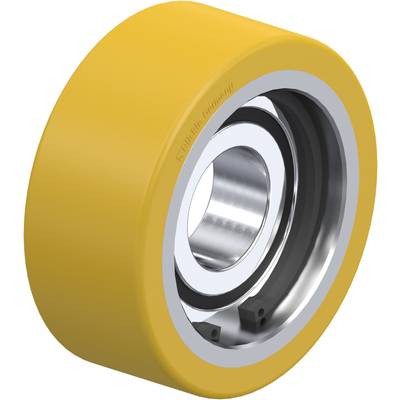 Geel kunststof wiel met zichtbare metalen lagers aan de binnenkant, geschikt voor industriële toepassingen.