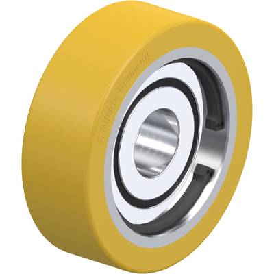 Rond, geel wiel met metalen lager in het midden, geschikt voor industriële toepassingen.