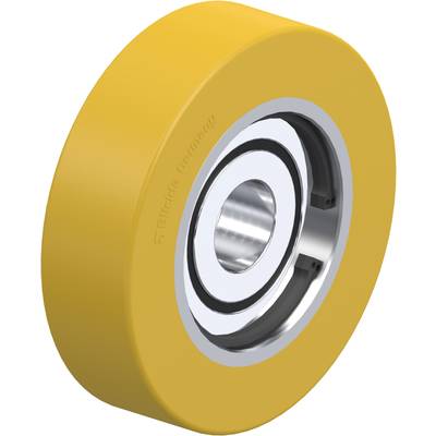 Geel wiel met geïntegreerd kogellager, geschikt voor machinebouw of industriële toepassingen.