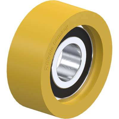 Geel wiel met een metalen binnenste lager, kenmerkend industrieel ontwerp voor machines of transporttoepassingen.