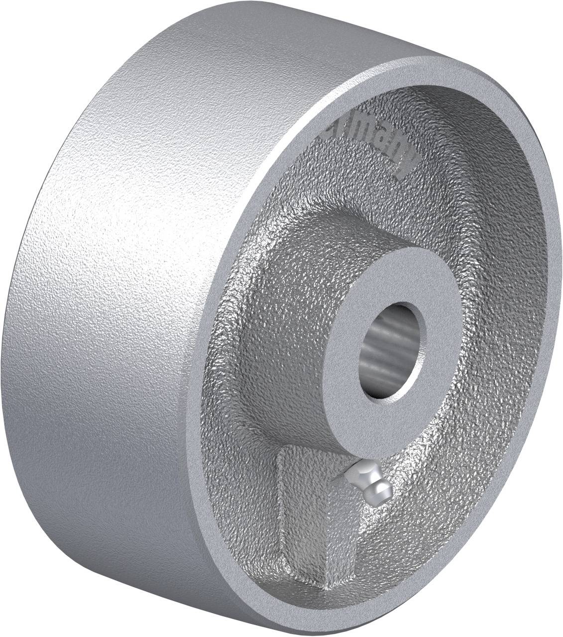 Een metallic zilverkleurig tandwiel met een centraal gat en een gestructureerd oppervlak.