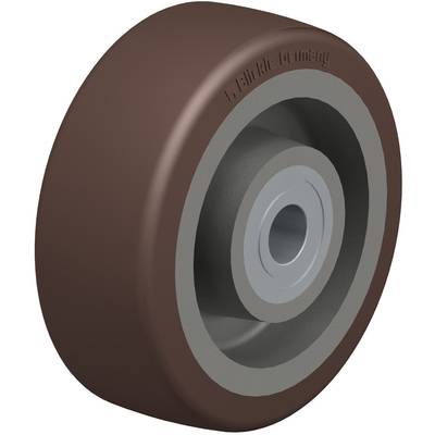 Bruin kunststof wiel met een grijze rubberloopvlak en een metalen kern, schuin van opzij bekeken.