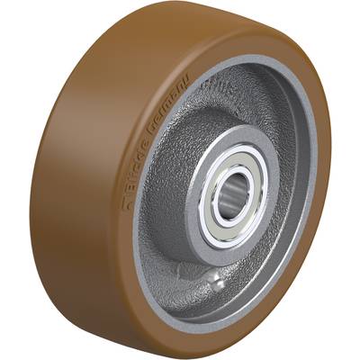 Groot wiel met een gladde, bruine loopvlakte en een zilverkleurige metalen kern met een centraal lager. Geschikt voor voertuigen of machines.