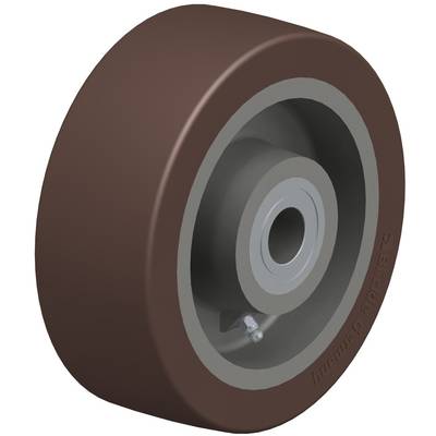 Industrieel wiel met een bruine rubberen oppervlakte en een grijze metalen kern. Geschikt voor transportmiddelen of machines.