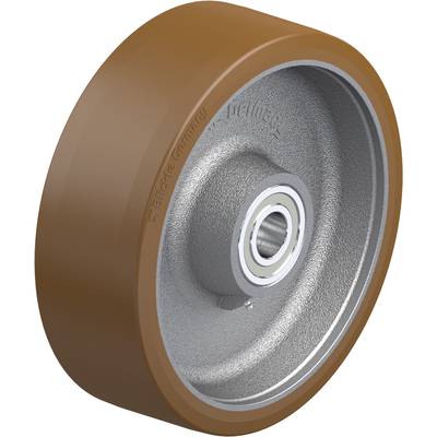 Industriewiel van metaal en bruine rubber, geschikt voor zware lasten. Ergonomisch ontworpen voor verminderde rolweerstand.