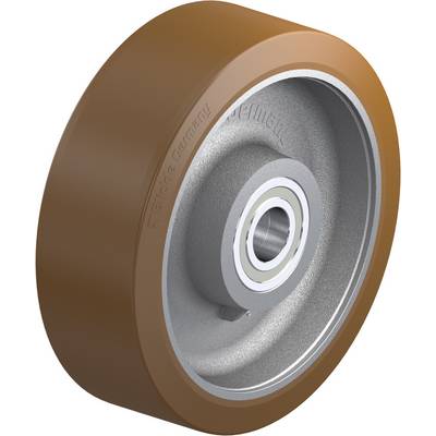 Bruine zwaar belastbare wiel van polyurethaan met zilveren metalen kern en lager, geschikt voor industriële toepassingen.
