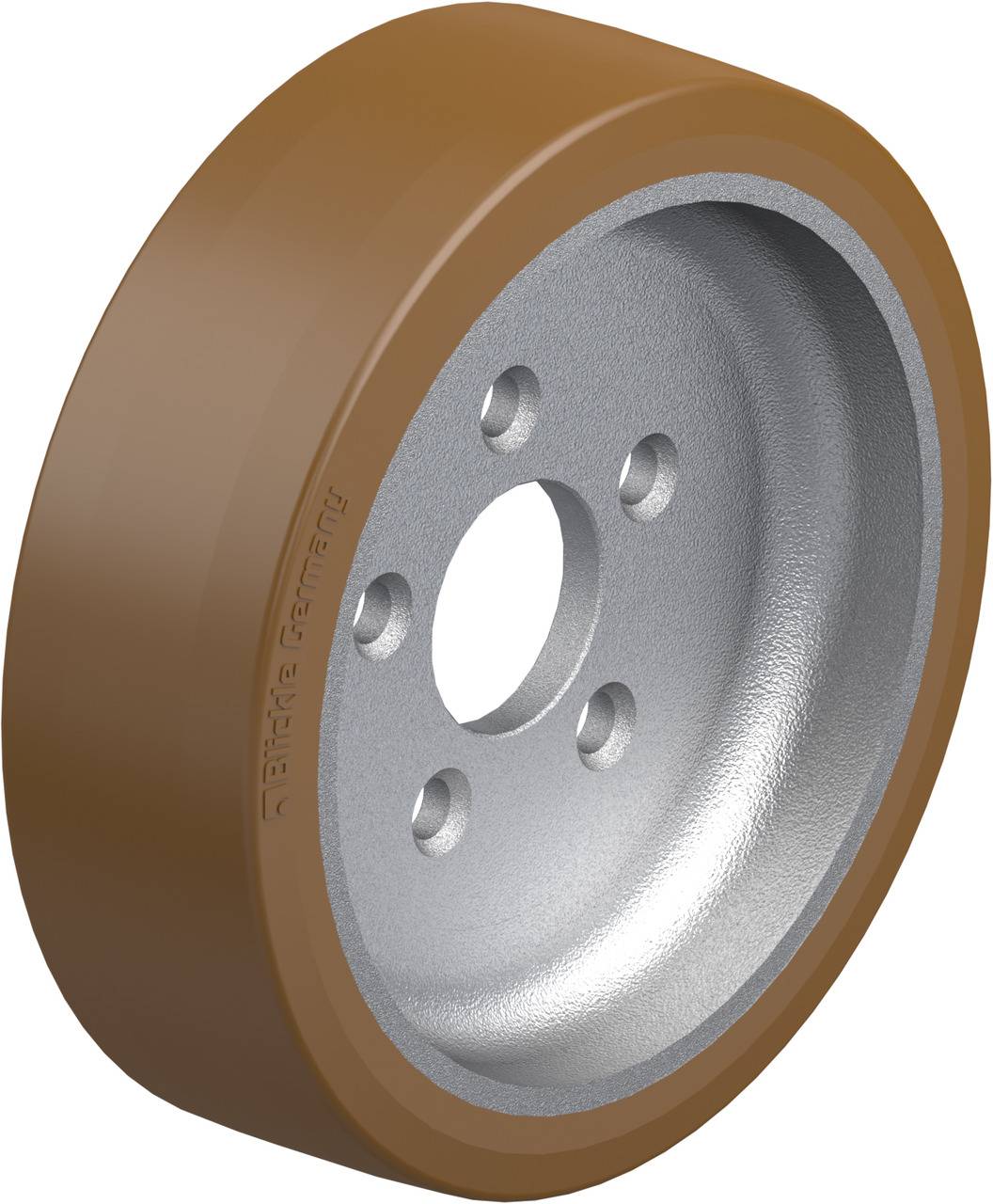 Metalen wiel met vijf gaten en een bruine rubberen coating aan de rand. Voornamelijk geschikt voor technische toepassingen of machinebouw.