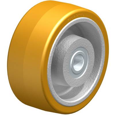 Geel tandwiel met zilver geribbelde binnenkant en een metalen lager in het midden, geschikt voor transportrollen.