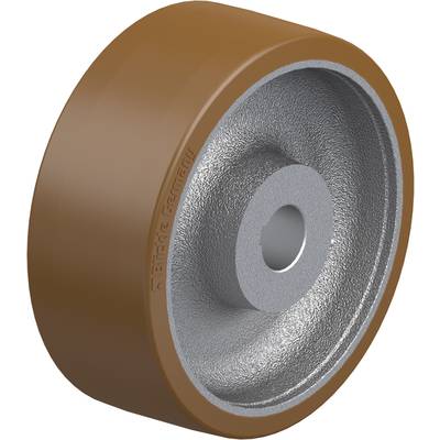 Bruin wiel met zilveren midden, vermoedelijk een constructie van rubber en metaal. Waarschijnlijk geschikt voor machines of transportapparatuur.
