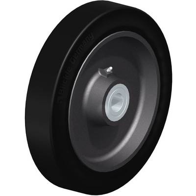 Zwart industrieel wiel van duurzaam materiaal, geschikt voor zware lasten. Zijaanzicht toont velg en middenas-opening.