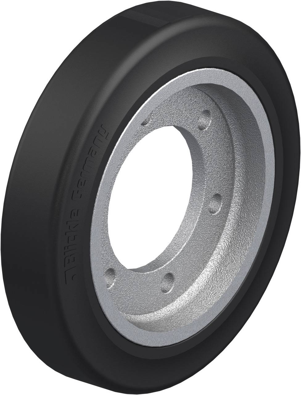 Industriële rol met een zwarte rubberen oppervlakte en een zilveren metalen kern, gebruikt voor transportinstallaties of toepassingen met zware belasting.