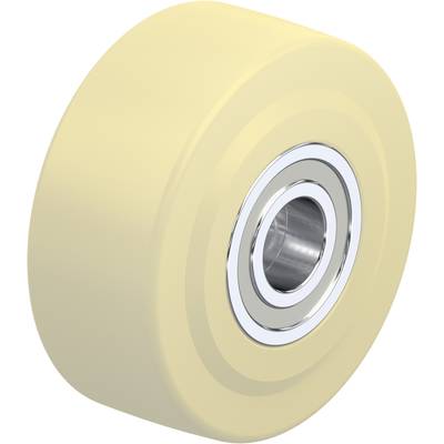 Geel rolstoelwiel met een zilver kogellager in het midden, geschikt voor gladde oppervlakken.