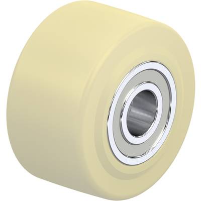 De afbeelding toont een geel kogellager met een zilveren metalen binnenstructuur, kenmerkend voor skateboards of rolschaatsen.