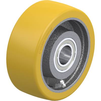 Here's the Dutch translation:<br><br>Geel industrieel kunststof wiel met metalen elementen en kogellager, geschikt voor machines of apparaten.