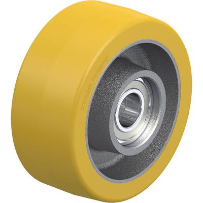 Geel wiel met metalen lager, waarschijnlijk bedoeld voor industrieel gebruik. Robuust ontwerp voor zware belasting en soepele loop.