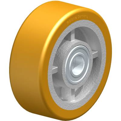 Een geel wiel met metalen lager, geschikt voor industriële toepassingen.