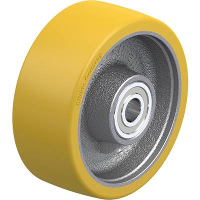 Geel industriewiel met een grijze metalen kern en kogellagers, geschikt voor zware lasten en industriële toepassingen.