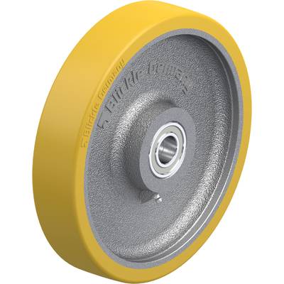 Industriewiel met grijze metalen schijf en gele rubberen band, geschikt voor machines en zware lasten.