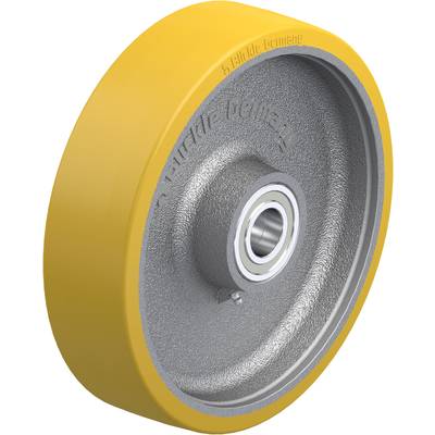 Geel wiel met een grijze metalen kern en kogellager in het midden, gegraveerd met 'Balltec Germany'.