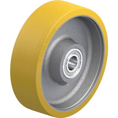 Een enkele rubberen band met een gele loopvlak en een metalen binnenkern, afgebeeld op een neutrale achtergrond.