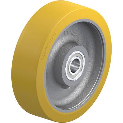 Een geel wiel met een metalen binnenring, geschikt voor verschillende machineaanwendingen.