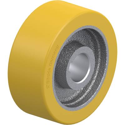 Geel wiel met zilveren binnenvlak, waarschijnlijk een industrieel loop- of aandrijfwiel van Blickle Germany.
