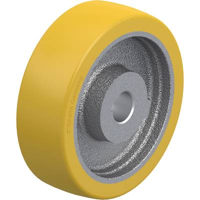 Een geel wiel met een metalen binnenring, geschikt voor industriële toepassingen, onderscheidt zich door zijn robuustheid en duurzaamheid.